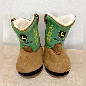 John Deere Slippers Green Brown Infant Cowboy Boots Fleece Line Toddler Boy 9/10